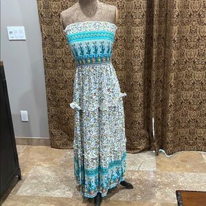 Blue and White Smocked Strapless Sundress Resort Wear